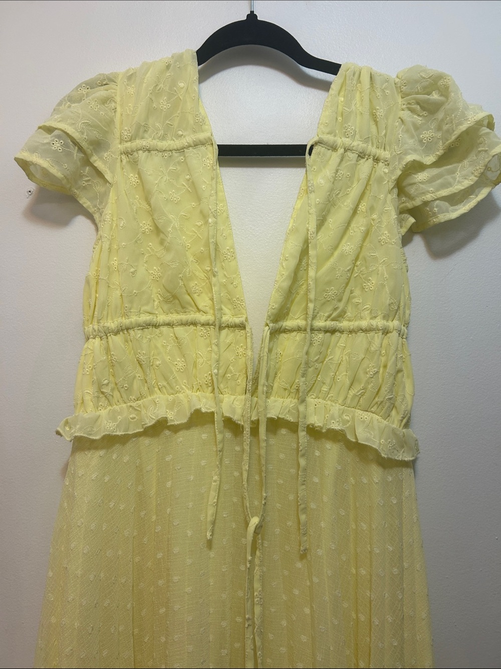 ASOS Plunge Pleated Midi Dress In Broderie Textured In Yellow